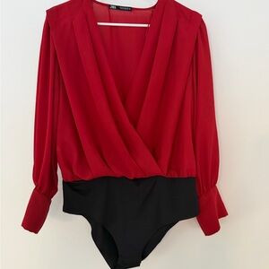 Zara Red and Black Women's Bodysuit Top